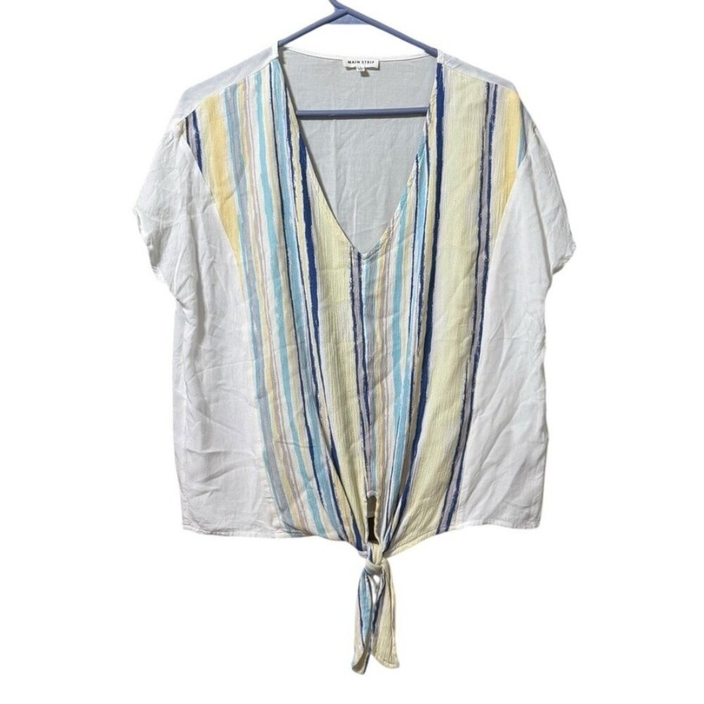 Main Strip Striped Shirt Size Small Tie Bottom Short Sleeve Rayon Lightweight‎